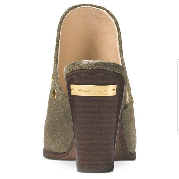 Michael Kors Louise Suede Mules Olive Studded Stacked Block Heel Slip On Clog - Picture 3 of 15
